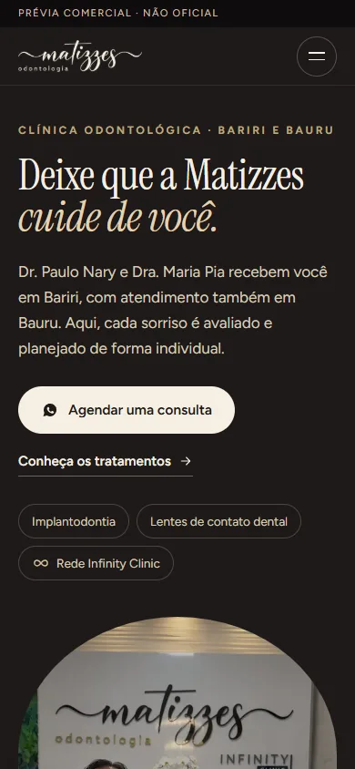 Primeira tela da prévia de Matizzes Odontologia no celular